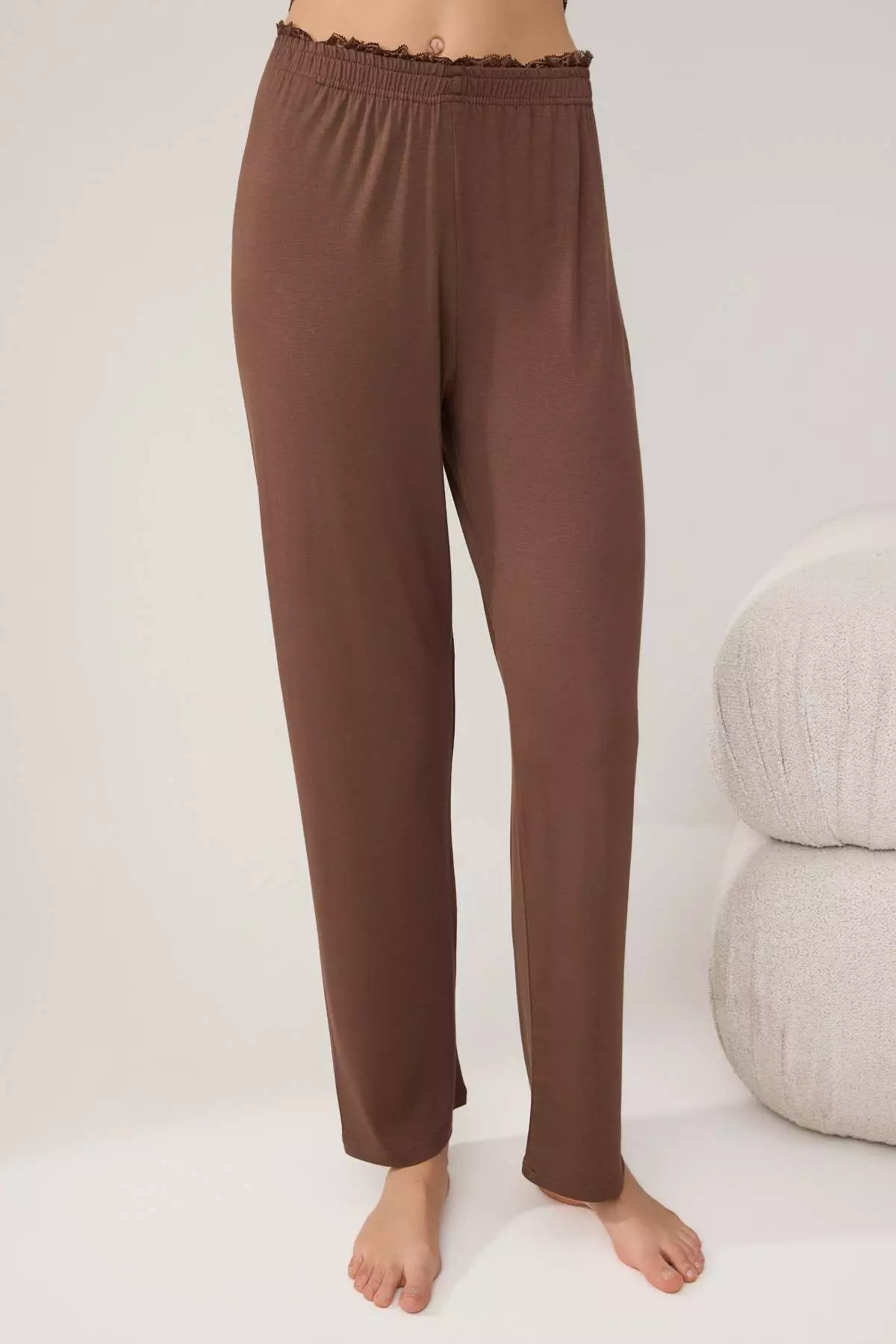 Brown Double Breasted Lace Detailed Viscose Knitted Pajama Set Thmss26Pt61