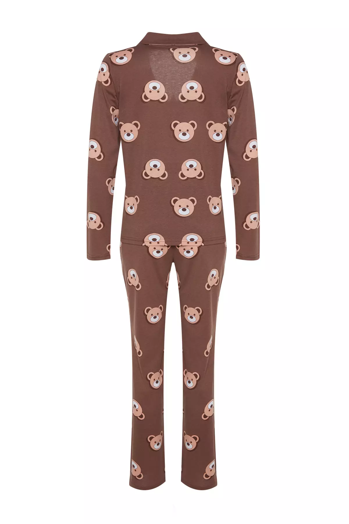 Brown 100% Cotton Teddy Bear Patterned Shirt-Pants Knitted Pajama Set Thmaw24Pt00002