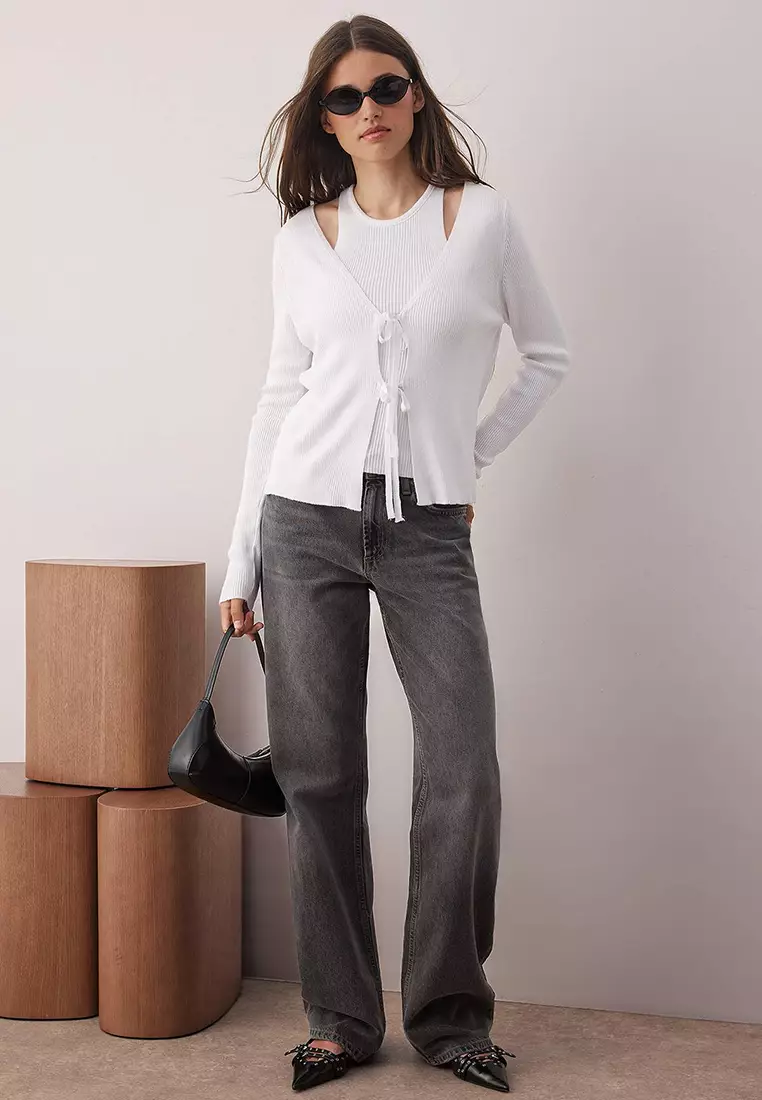 Bone Mercerized Look 2-Piece Knitwear Cardigan-Blouse Set Twoaw26Hi00035