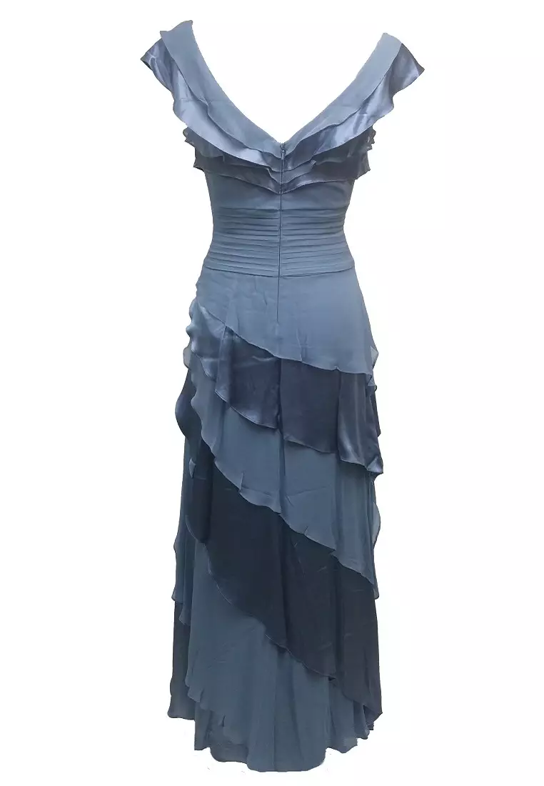 Tiered Chiffon Satin V-neck Cape Sleeve Evening Gown