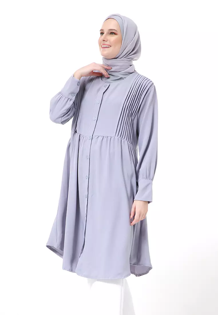 Xaula Tunik Polos Muslimah Atasan Wanita Lengan Panjang Premium High Quality - Grey Blue