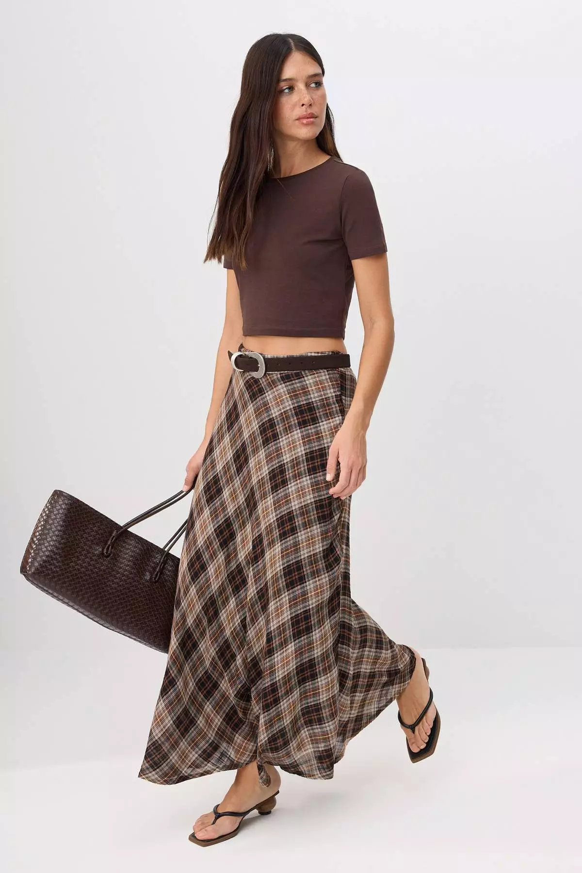 Brown Plaid 1% Cotton Lined Long Maxi Skirt Twoss26Et187