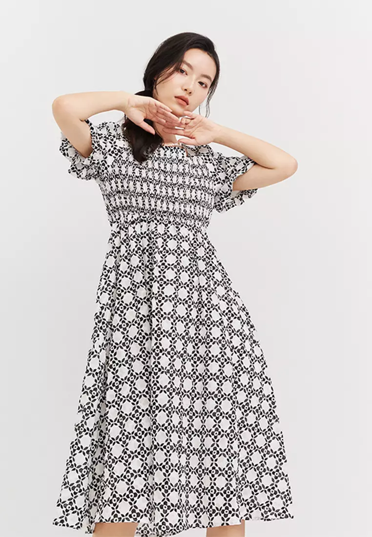 Puff Sleeve Square Neck Plaid Midi Dress