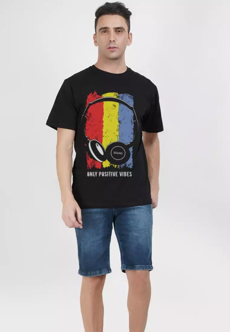 Positive Vibes Black Cotton Short Sleeve Crew Neck Regular Fit T-Shirt