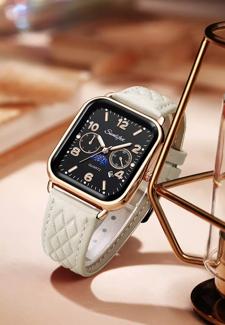 Jam Tangan Wanita Korean Kasual Mode Tali Kulit Kuarsa Jam Tangan Cewek Original whiteblack