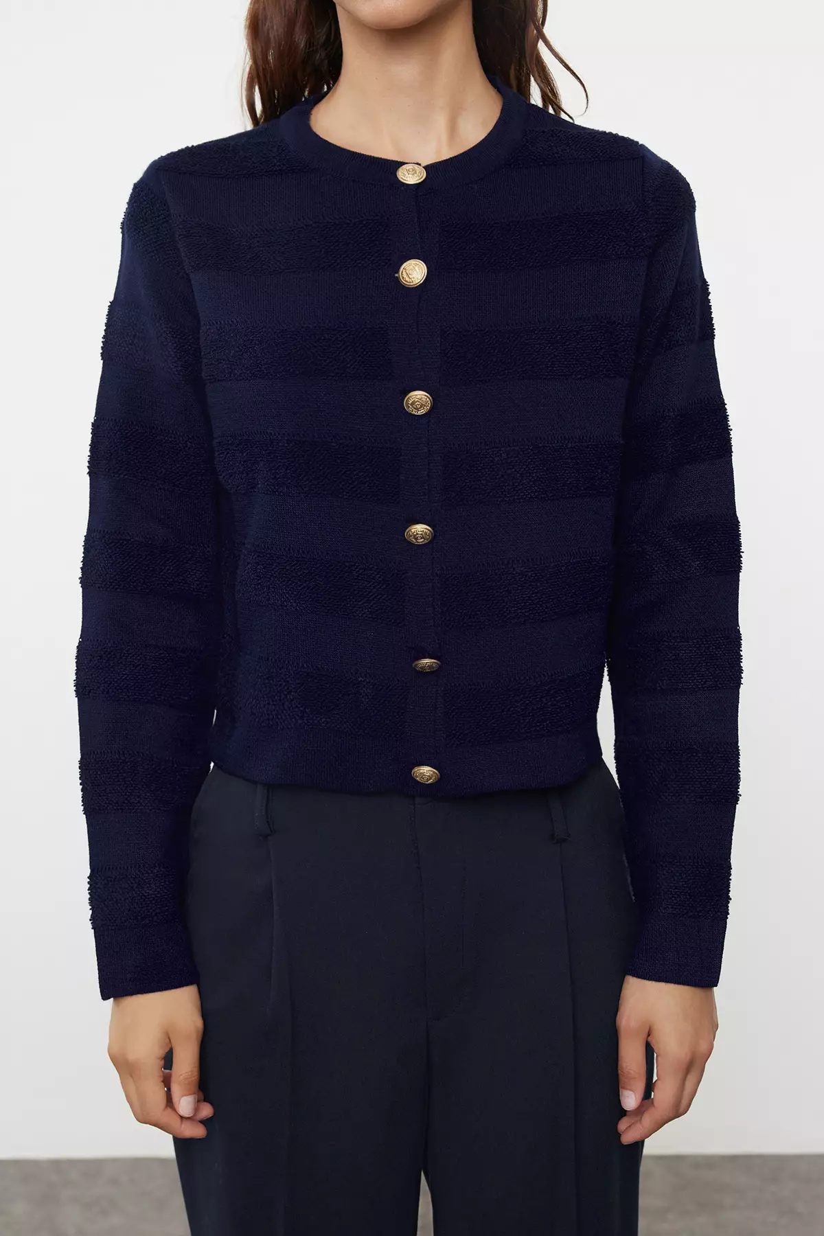 Crew Neck Navy Blue Knitwear Cardigan Jacket Look