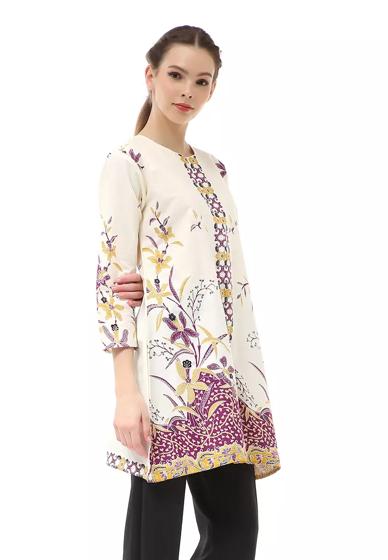 Olaf Atasan Batik Wanita Tunik Traditional Motive Simple Design Material Cotton ORIGINAL - White Brown