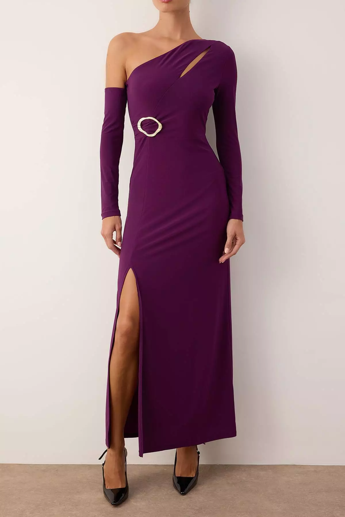 Plum Cut Out And Accessory Detailed Knitted Maxi Evening Dress & Homecoming Dress Tpraw26Ae12