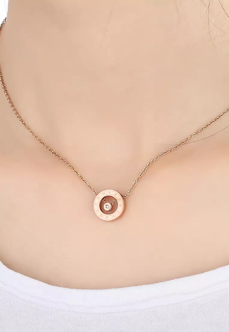 Roman Numerals Halo Pendant Necklace in Rose Gold Plated Titanium with Genuine 0.005ct Diamond