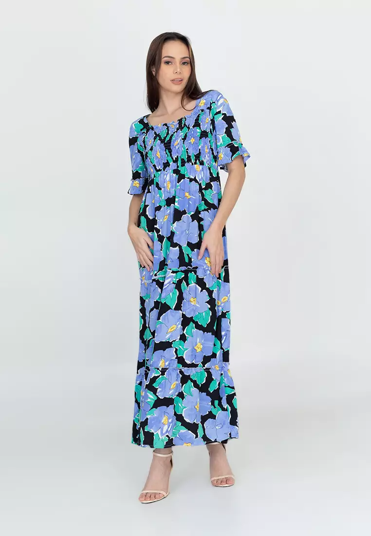 Baizou Floral Print Smocking Maxi Dress