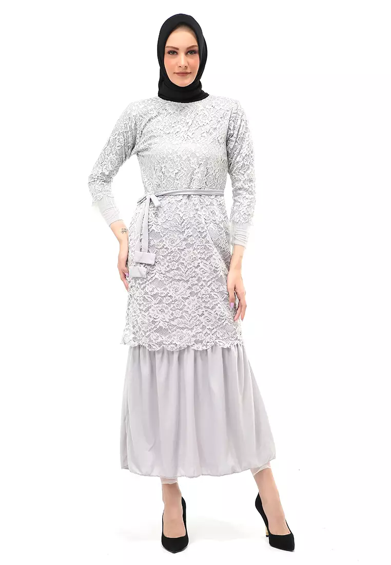 Selena Gamis Muslimah Wanita Motif Brukat Long Sleeve Regular Fit - Abu