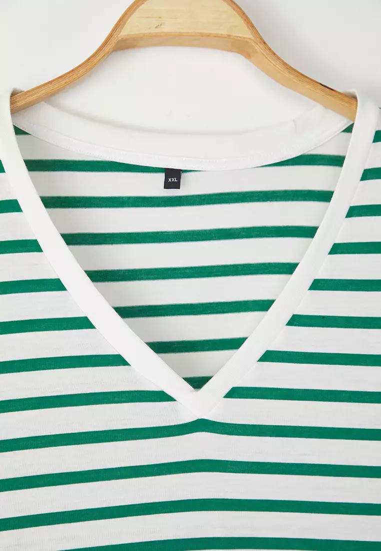 White-Green Striped V-Neck Knitted T-Shirt Tbbss23Bf00016