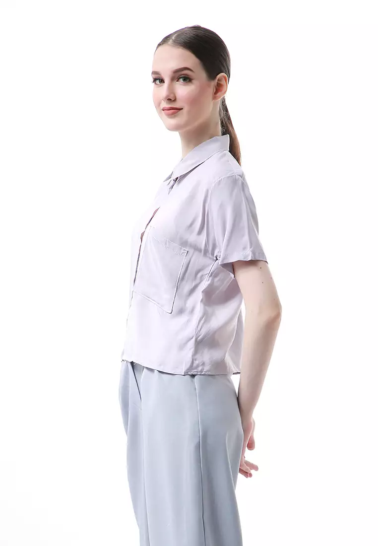 Melinda Kemeja Crop Top Atasan Wanita Motif Polos Relaxed Fit - Grey