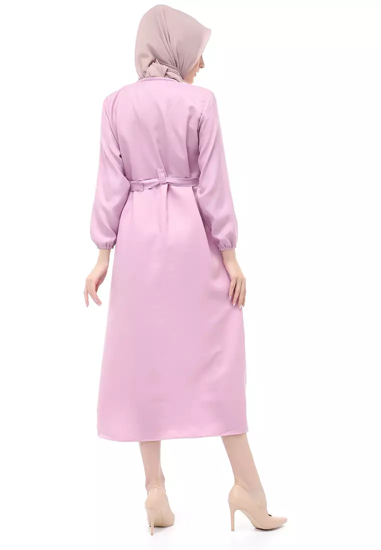 Berliana Gamis Muslimah Wanita With Belt Motif Polos Long Sleeve Relaxed Fit - Ungu Lilac