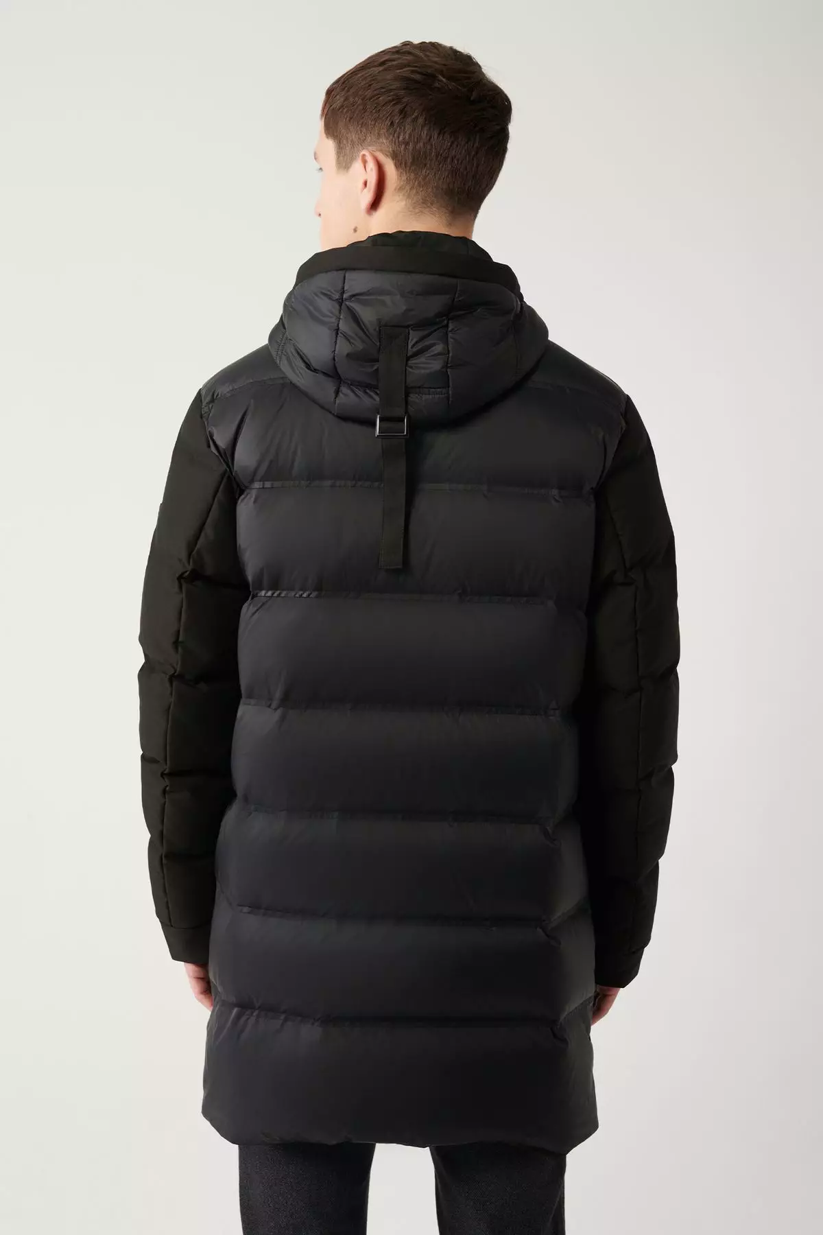 Men's Black Hooded Goose Down Filled Water Repellent Fabric Coat A32Y6044