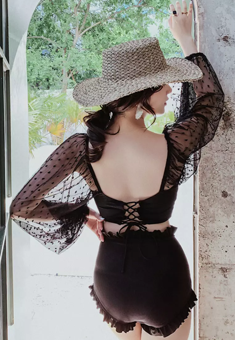 Lace Up Split Triangle Long Sleeve Two Piece Swimsuit CA071703BK