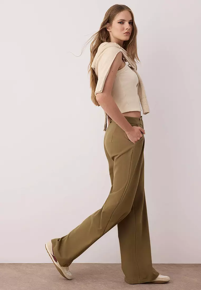 Khaki Pleated Wide Leg Trousers TWOAW25PL00109