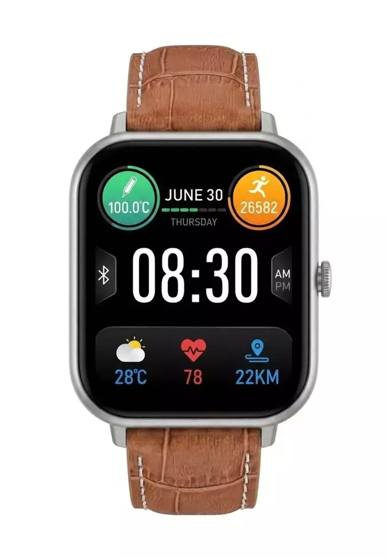 Smart and Elegant - Unisex Rectangular Smart Watch iOS/Android - Leather Strap + 1 Silver Silicone Strap