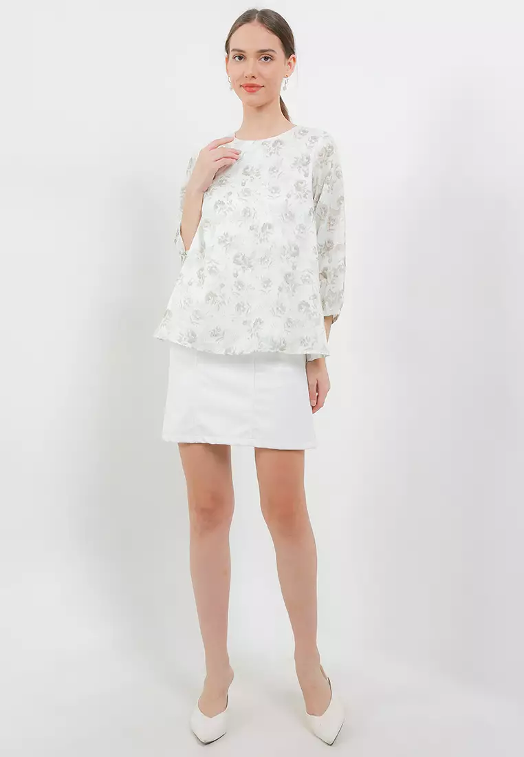 3/4 Sleeve Print Jacquard Blouse