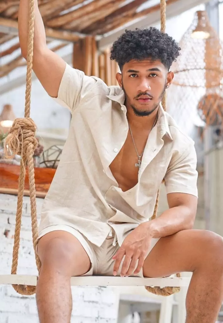 Coconut Kemeja Linen Lengan Pendek Pria Cream | Linen Short Sleeve Shirt Men Cream