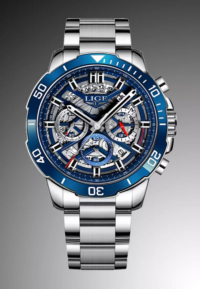 Chronograph Unisex Stainless Steel Quartz Watch, 45mm, Blue Bezel, Skeleton dial on Steel Bracelet