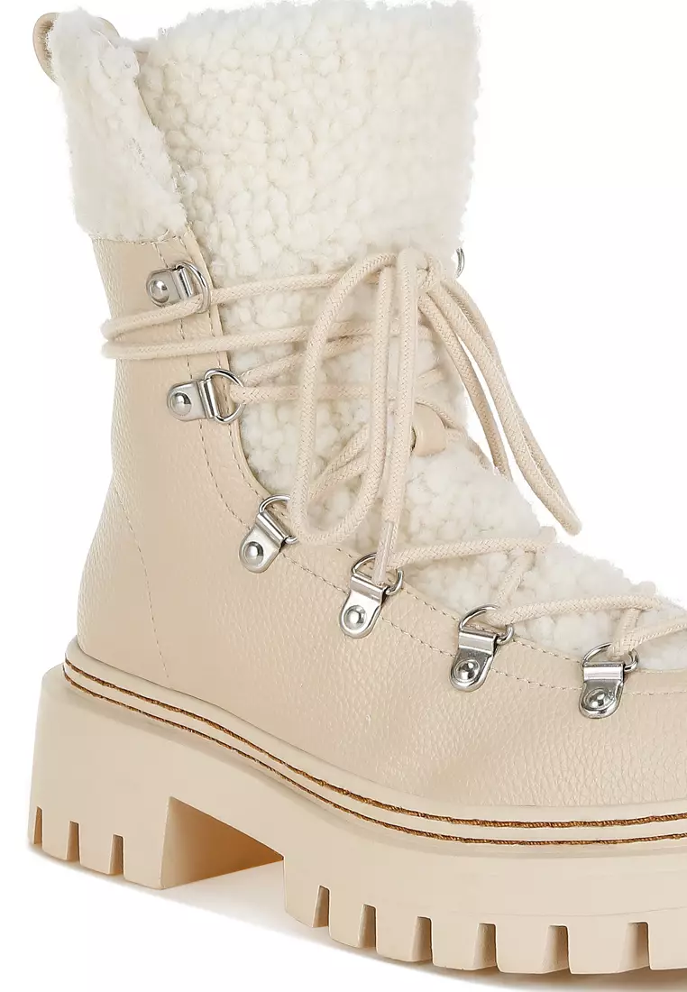 Fleece & Faux Leather Boots in Off White