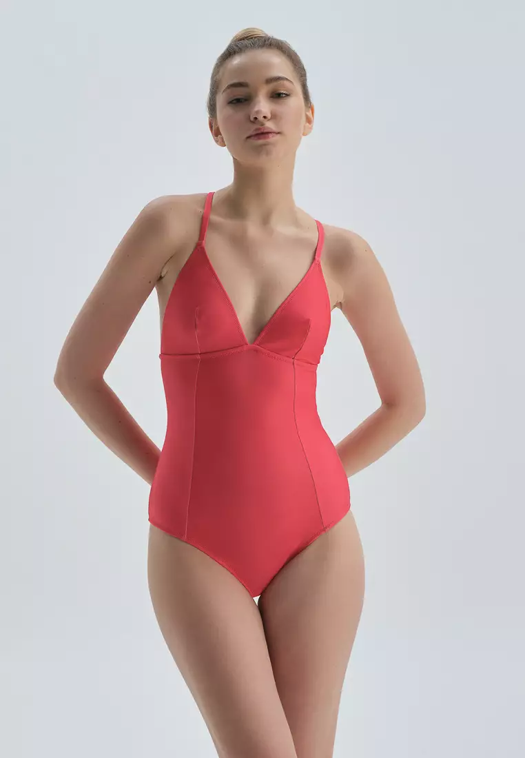 Plain red swimsuit sales