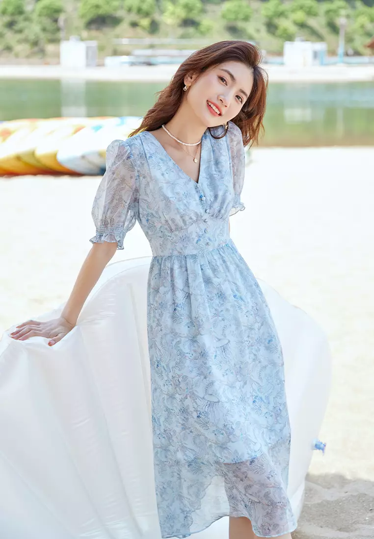 Buy Hopeshow Summer Puff Sleeve V-Neck Floral Dress 2026 Online | ZALORA