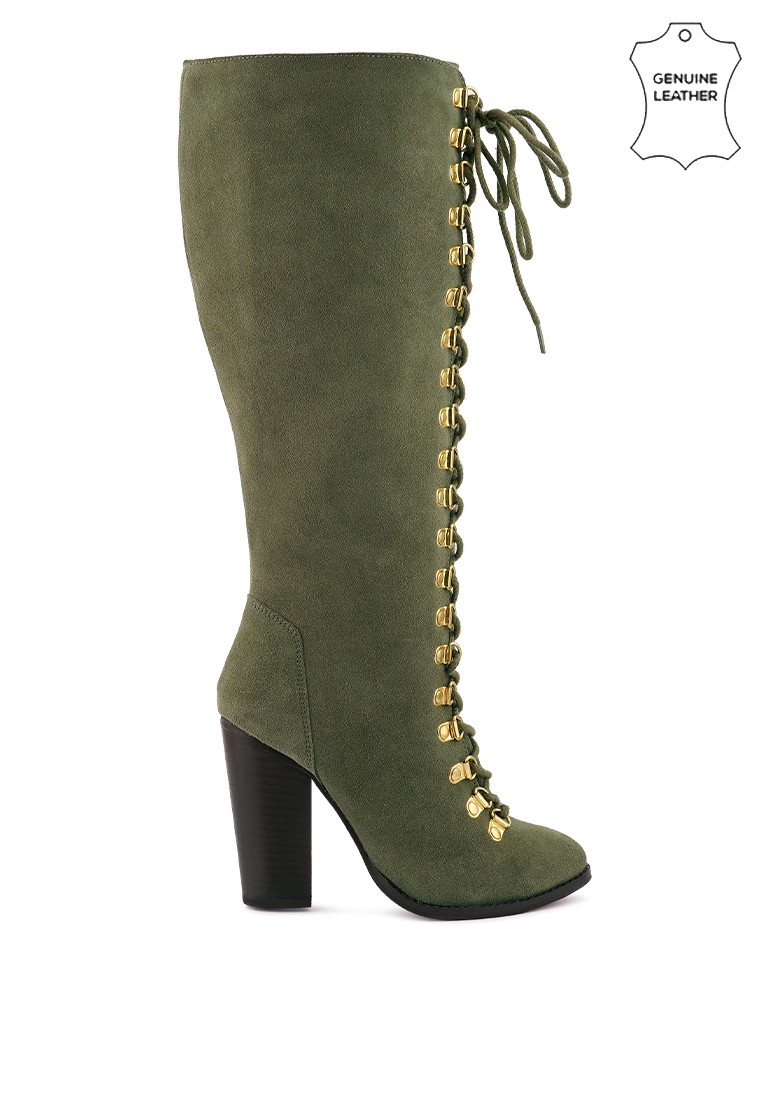 Olive Goose Feather Antique High Heeled Ankle Boot