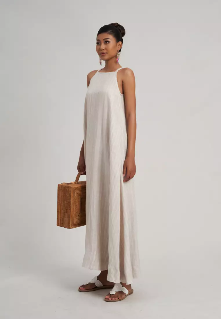 STRIP LINEN MIDI DRESS
