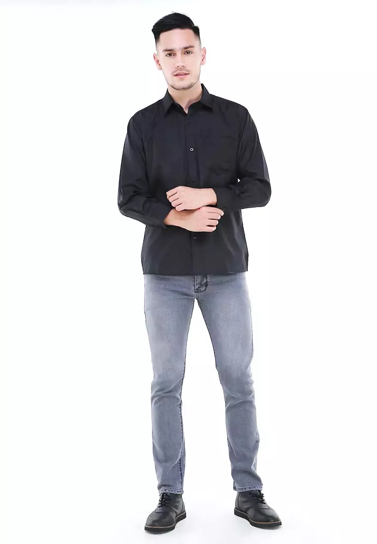 Dwan Shirt Lengan Panjang Pria Formal Material Cotton Double Twist ORIGINAL - Black