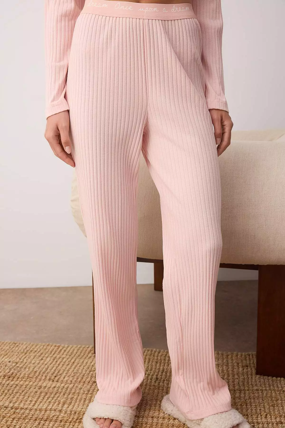 Corduroy Pajama Set Powder Slogan Rubber Detailed