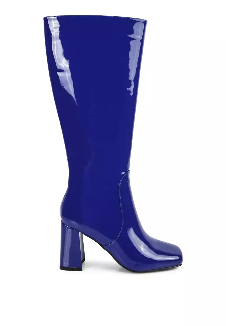 Blue Patent PU Block Heeled Calf Boots