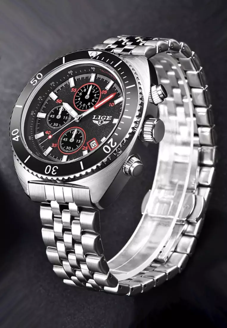 Unisex Chronograph Diver's Stainless Steel Quartz Watch with turning Bezel on Steel Bracelet