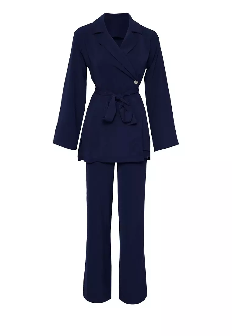 Navy Blue Belted Double Breasted Shirt-Pants Woven Bottom-Top Set TCTSS25US00001