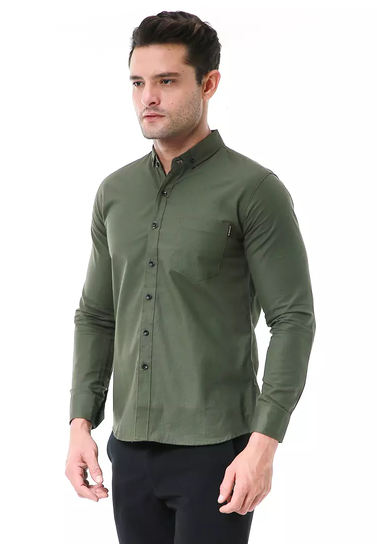 Leopold Kemeja Basic Pria Motif Polos Long Sleeve Material Cotton ORIGINAL - Army Green