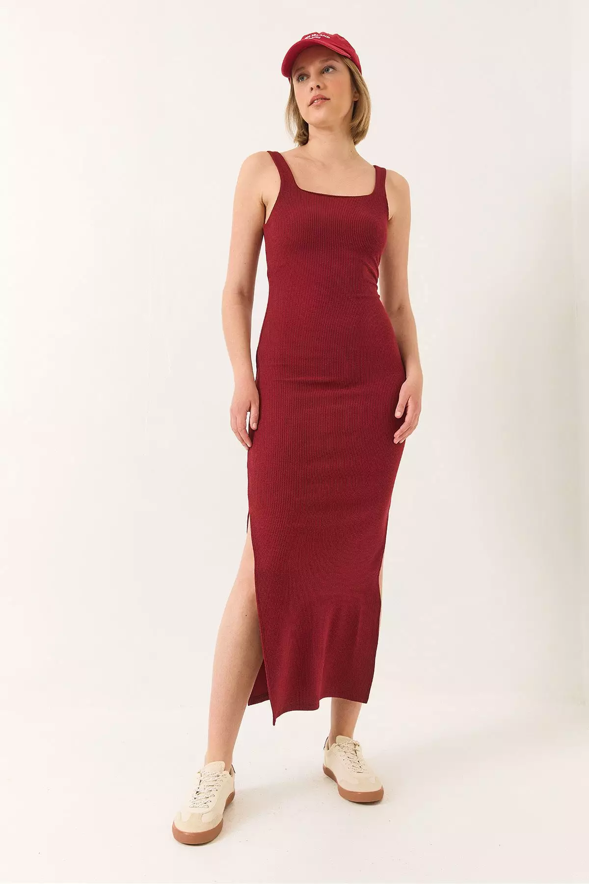 Women's Strappy Square Neck Slit Detailed Ottoman Midi Dress 295 60283176