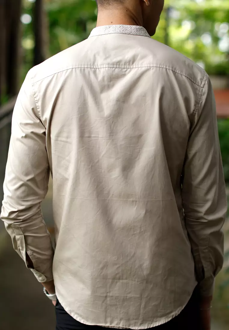 OXCON Kemeja Tangan Panjang koko bordir embrodiery collarless shirt Khakis