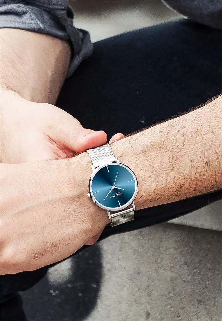 Men Watch 38.2mm Simple Business Silver Stainless Steel Mesh Strap And Case Blue Dia-Silver