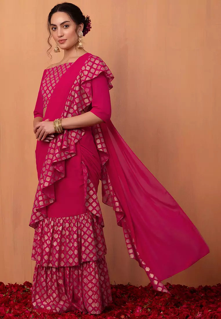 Pink Foil Print Ruffled Pre-Stitched Saree