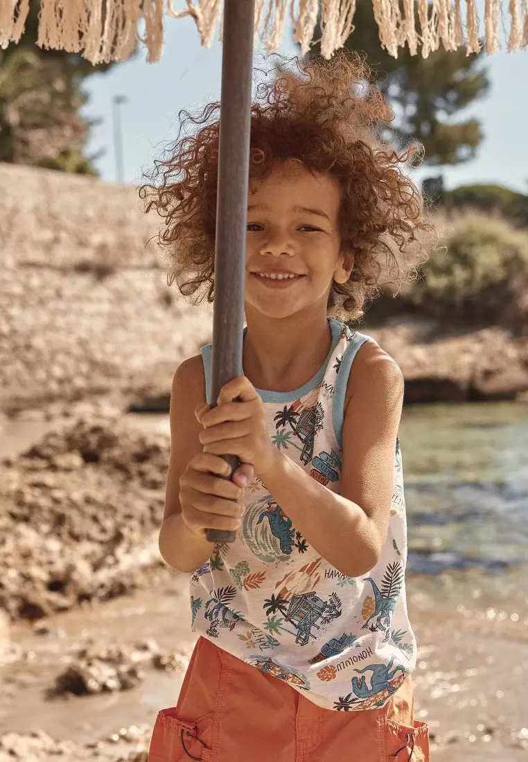 Ecru Tank Top Mit Surfer-Dinosaurier-Print