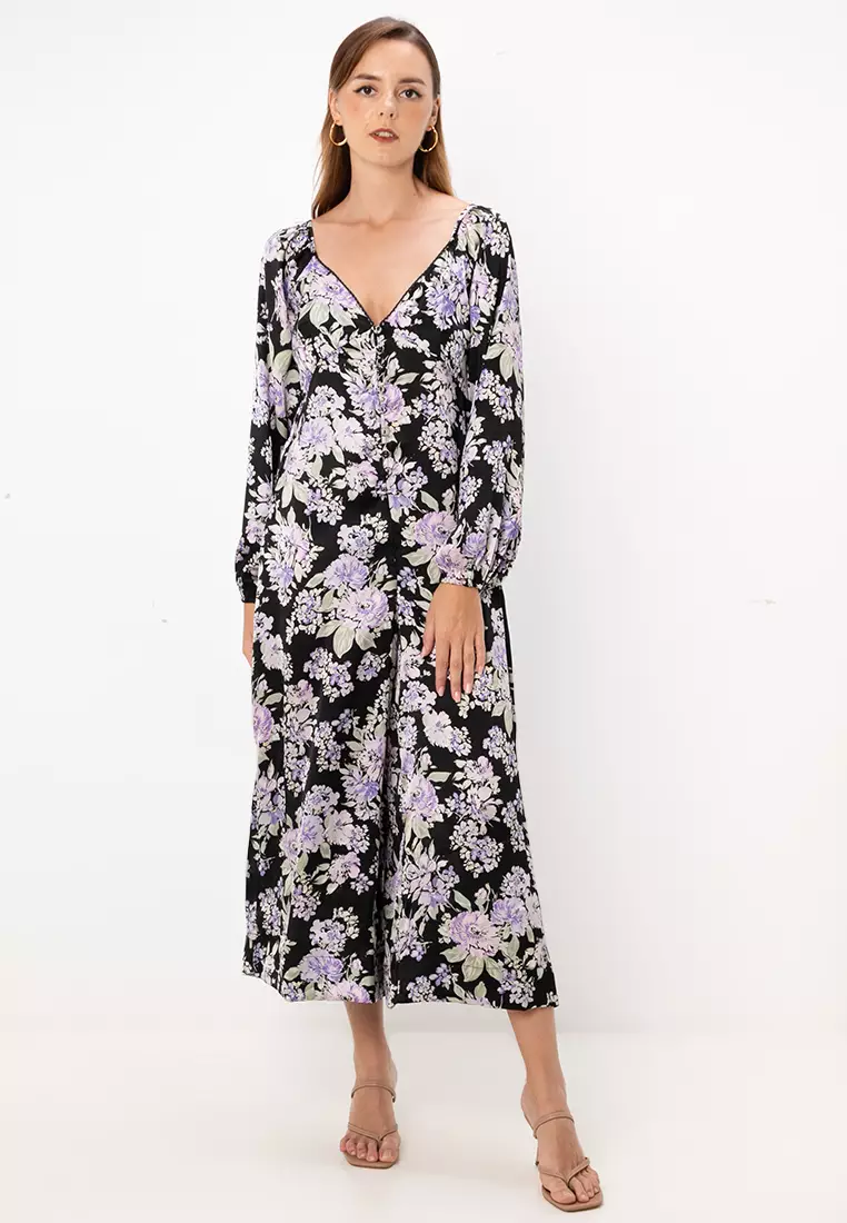 Button Front Tea Jumpsuit With Lace Insert