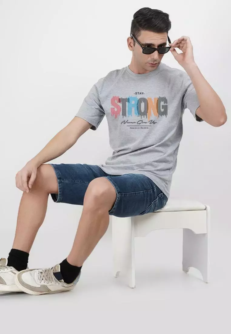 Stay Strong Print Graphic  Grey Cotton Short Sleeve Regular Fit T-Shirt