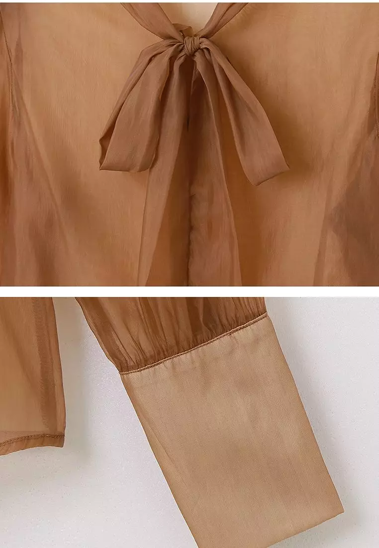 Sexy Sheer Mesh Open-Front Shirt with Front Tie Bow [AB17971]