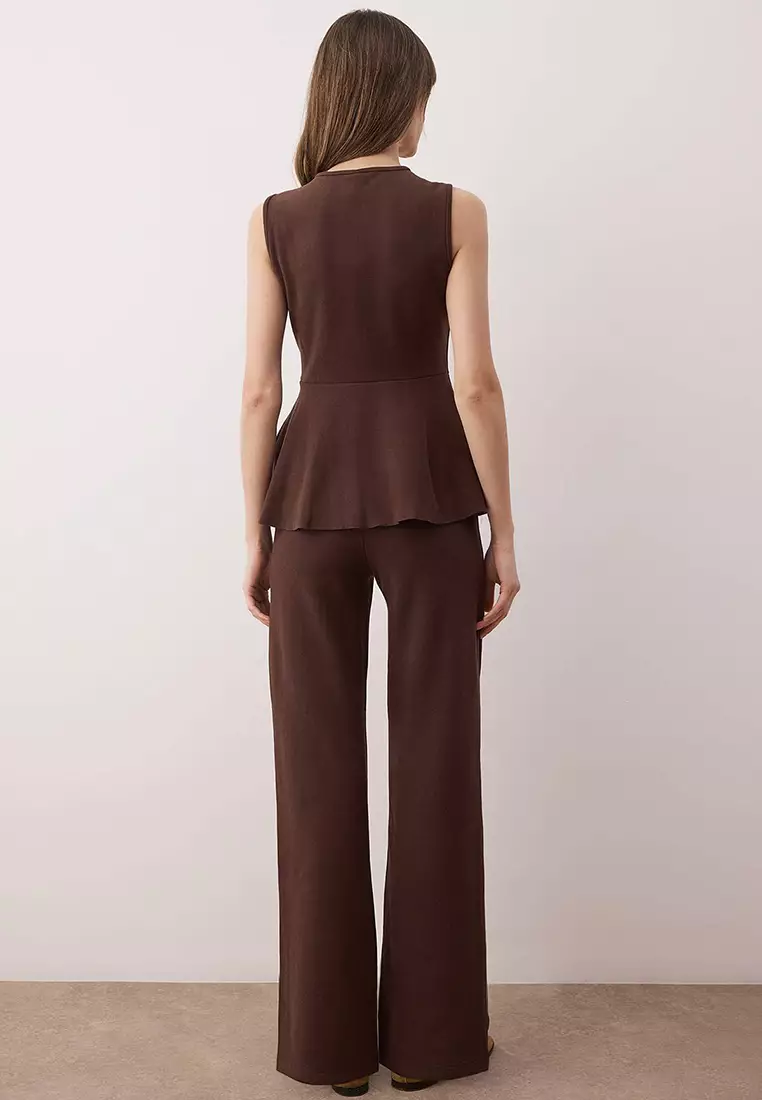 Brown Thessaloniki Buttoned Waist Open Wide Leg/Palazzo Bottom Knitted Bottom - Top Set Twoaw26Au92