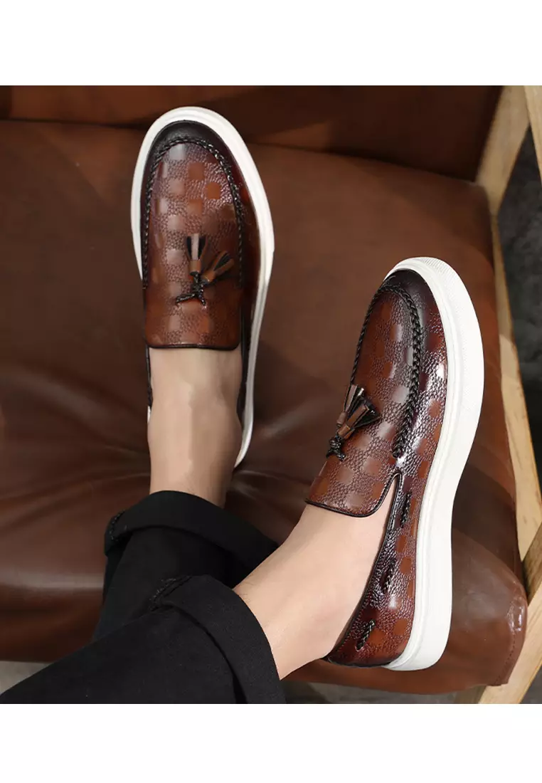 Checkered Pattern Synthetic Leather Tassel Loafers WZWH-S11
