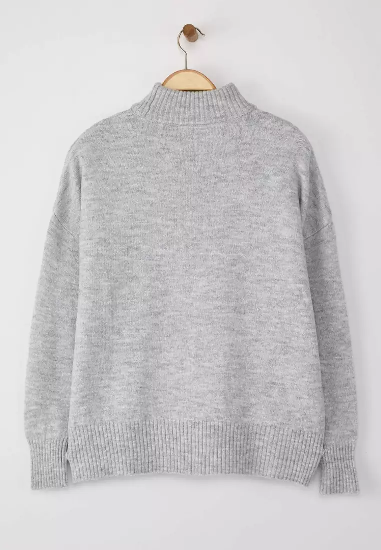 Light Gray Wide Fit Soft Textured Stand Collar Knitwear Sweater