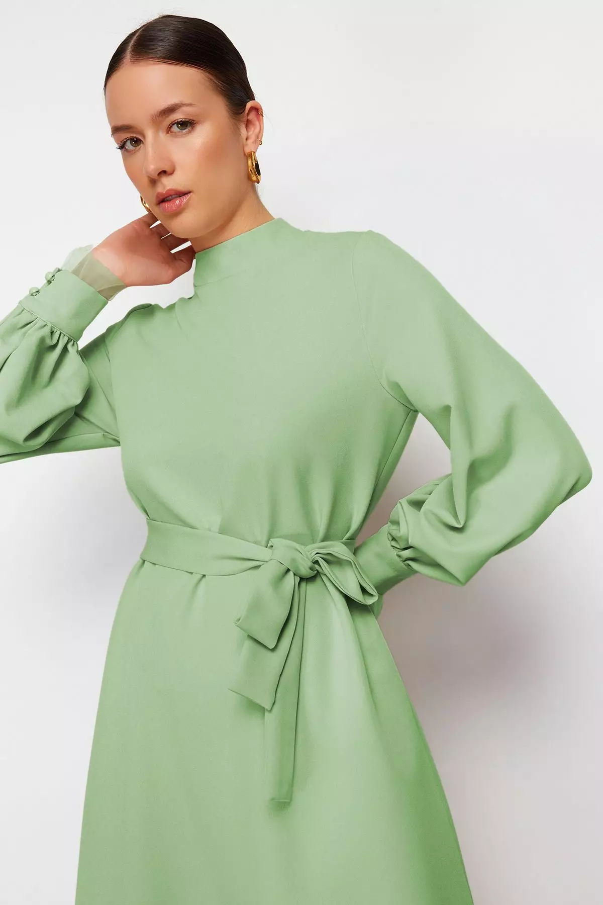 Stand Collar Belt Detailed Dress