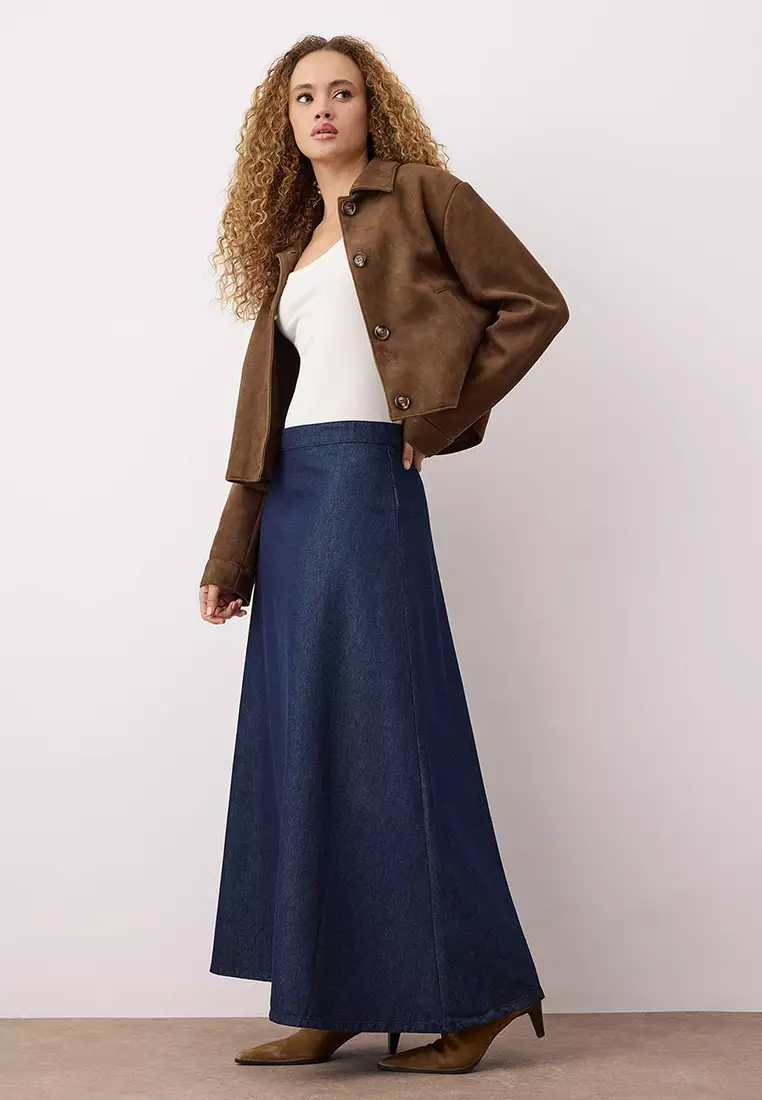 Dark Blue Flounce Maxi Denim Skirt