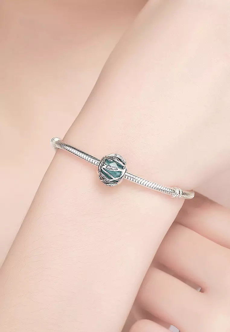 Solid 925 Sterling Silver Magical Ball Teal CZ Charm